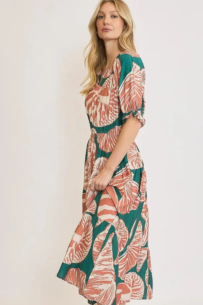 Umgee Full Size Printed Notched Puff Sleeve Midi Dress Plus Size - Love Salve